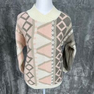 Vintage 62 East Geometric Knit Sweater Women's Size S Cream Pink V-Neck